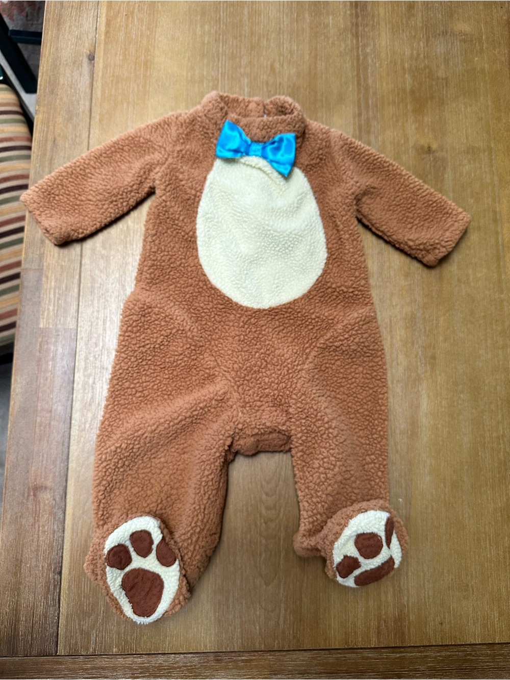 Brown Teddy Costume with Cream Belly and Blue Bow